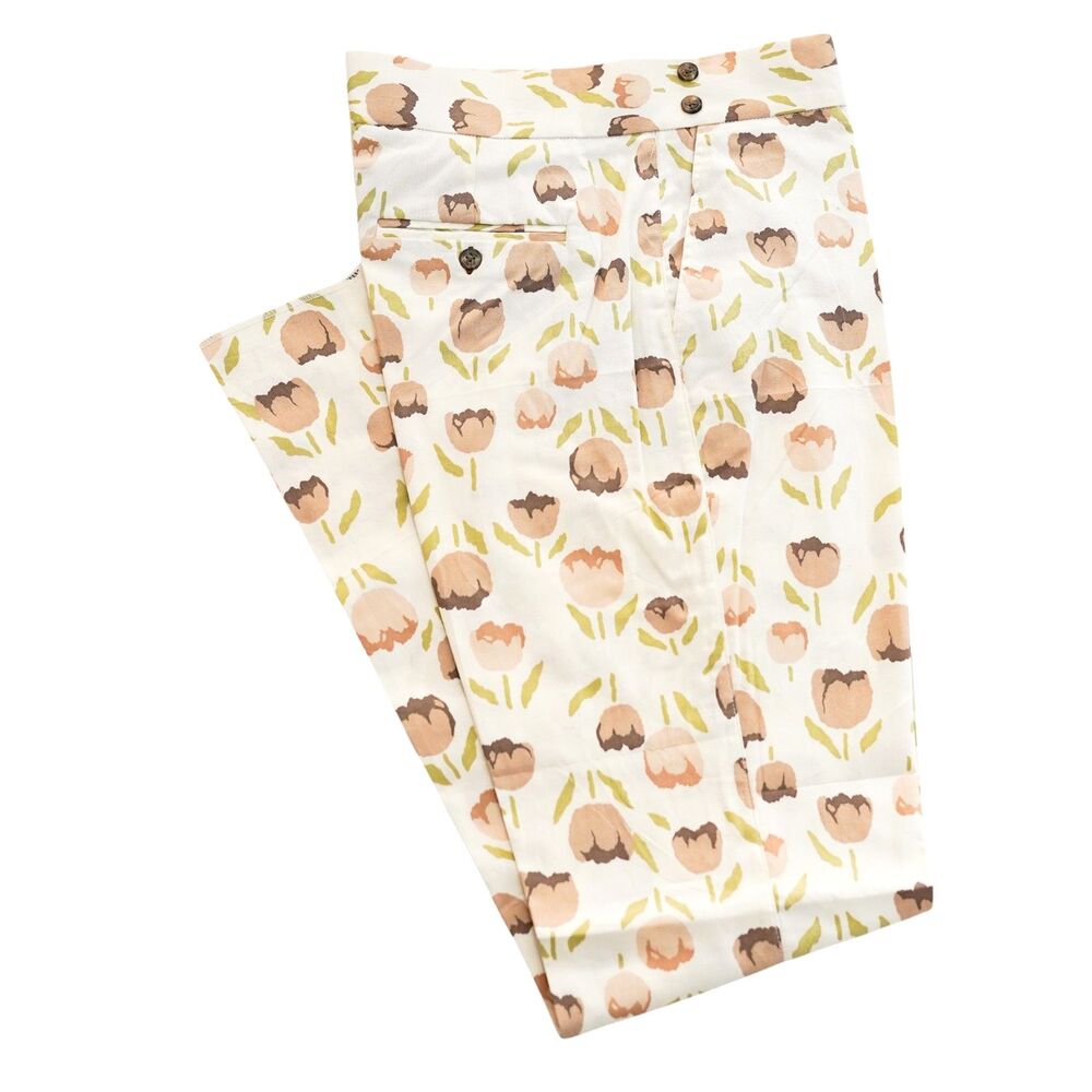 Mens Gurkha Pants 36 Cream Floral Flat Front Slim Fit Cotton Dress Trousers